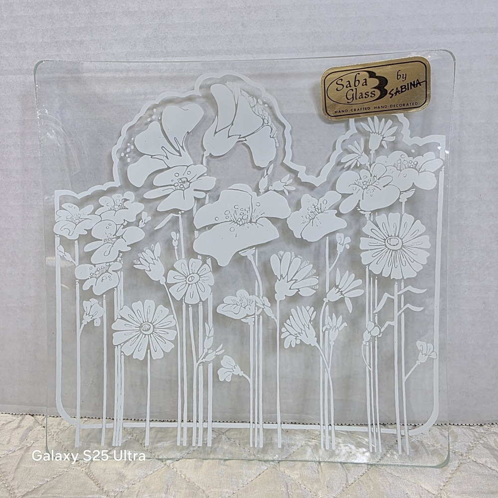 Vintage Saba Glass By Sabina Floral Hand Painted Glass Square Plate MCM